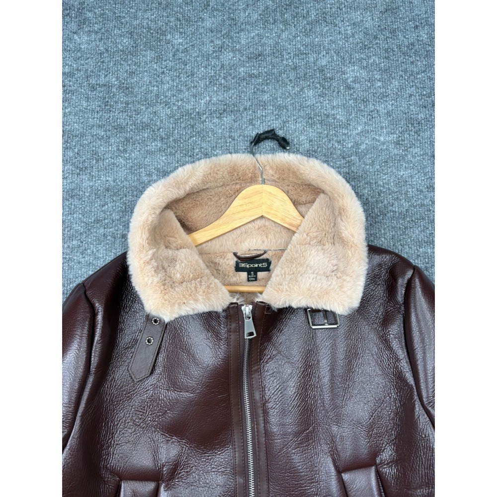 36points Womens Small Burgundy Faux Leather Aviator Bomber Jacket Faux Fur Trim - Picture 11 of 16